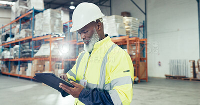 Buy stock photo Man, thinking and tablet in warehouse for inspection, inventory check or stock management checklist. Logistics, planning and mature supervisor with tech for shipping order, quality control or courier