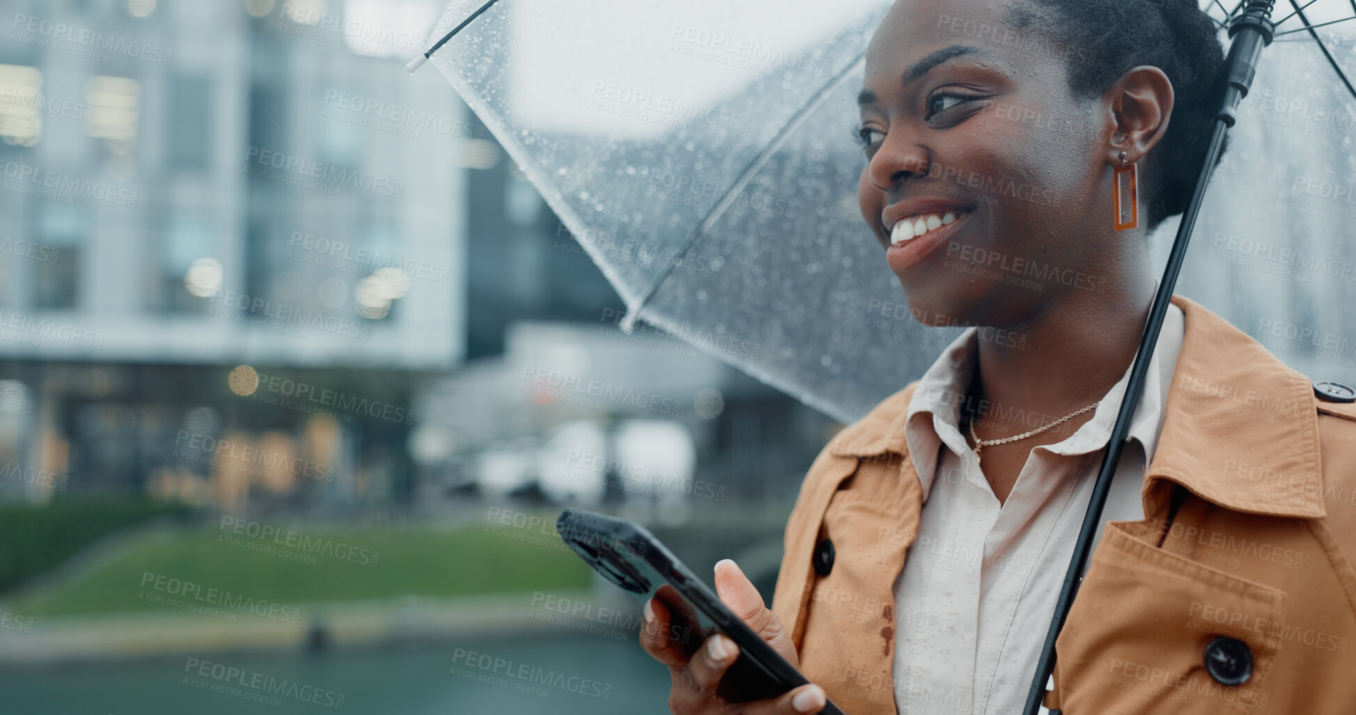 Buy stock photo Commute, black woman and phone with umbrella for rain weather, communication and social media of security. Smile, female person and mobile for texting, search location and taxi app of travel outdoor