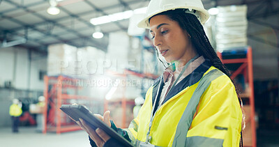 Buy stock photo Industrial, tablet and supply chain with woman in warehouse for logistics, freight or shipping. Export, delivery or cargo storage with digital checklist for customs compliance in inventory management