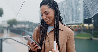 Buy stock photo Woman, commute and phone with umbrella for rain weather, communication and social media of security. Smile, female person and mobile for city texting, search location and taxi app of travel outdoor