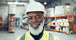 Happy, black man and portrait of logistics worker in warehouse for supply chain delivery. Confident, ecommerce and mature distribution manager with quality assurance duty at industrial factory.