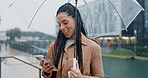 Woman, travel and phone with umbrella for rain weather, communication and social media of security. Smile, female person and mobile for city texting, search location and taxi app of commute outdoor