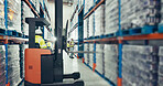 Employee, forklift and warehouse for logistics, inventory and supply chain with distribution, stock and pallet. Person, machine and manufacturing industry for delivery, storage and freight with cargo