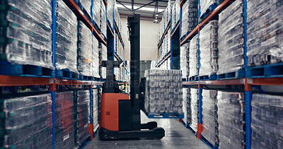 Buy stock photo Employee, forklift and warehouse for logistics, distribution and supply chain with inventory, stock and pallet. Man, machine and manufacturing industry for delivery, storage and freight with shipping