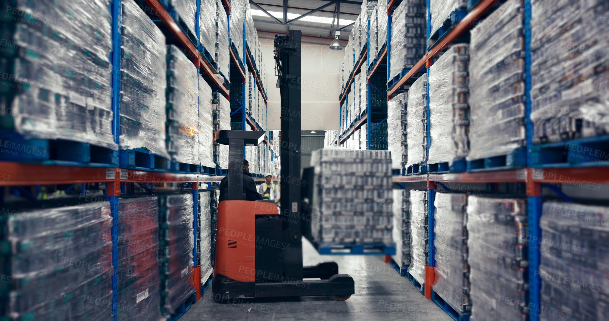 Buy stock photo Employee, forklift and warehouse for logistics, distribution and supply chain with inventory, stock and pallet. Man, machine and manufacturing industry for delivery, storage and freight with shipping