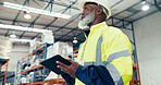 Man, thinking and tablet in warehouse for inventory check, inspection or stock management checklist. Logistics, planning and mature supervisor with tech for shipping order, quality control or courier