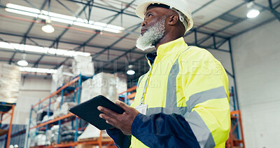 Buy stock photo Black man, thinking and tablet in warehouse for inventory check, inspection or stock management checklist. Logistics, plan and mature African supervisor for shipping order, quality control or courier