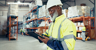 Buy stock photo Man, smile and tablet in warehouse for inspection, inventory check and stock management checklist. Logistics, thinking and mature supervisor with tech for shipping order, quality control or courier