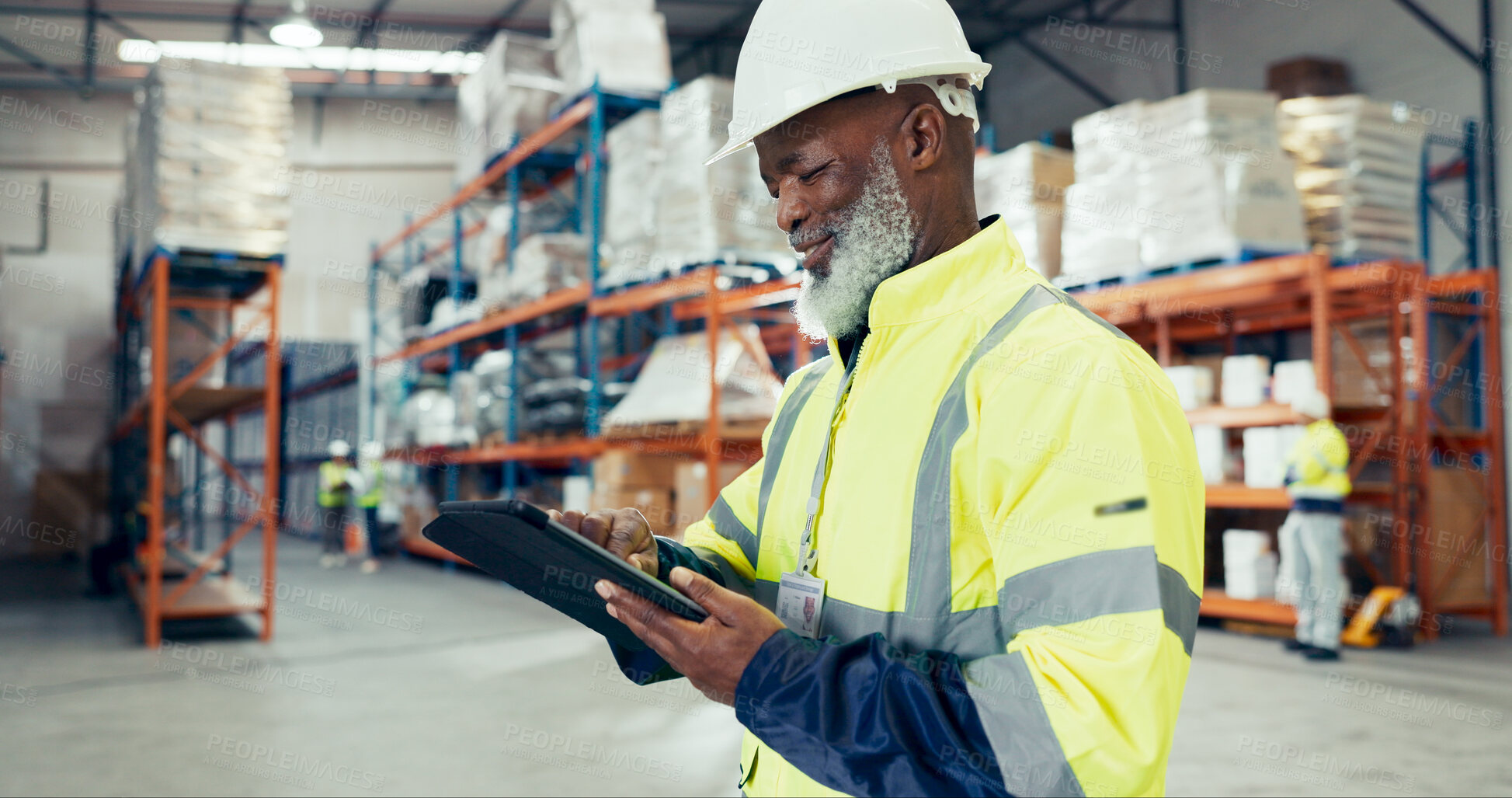 Buy stock photo Man, smile and tablet in warehouse for inspection, inventory check and stock management checklist. Logistics, thinking and mature supervisor with tech for shipping order, quality control or courier