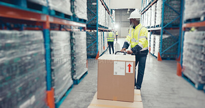 Buy stock photo Logistics, box and supplier with people in warehouse for distribution, freight center or supply chain. Export, delivery and cargo storage with wholesale for customs compliance in inventory management