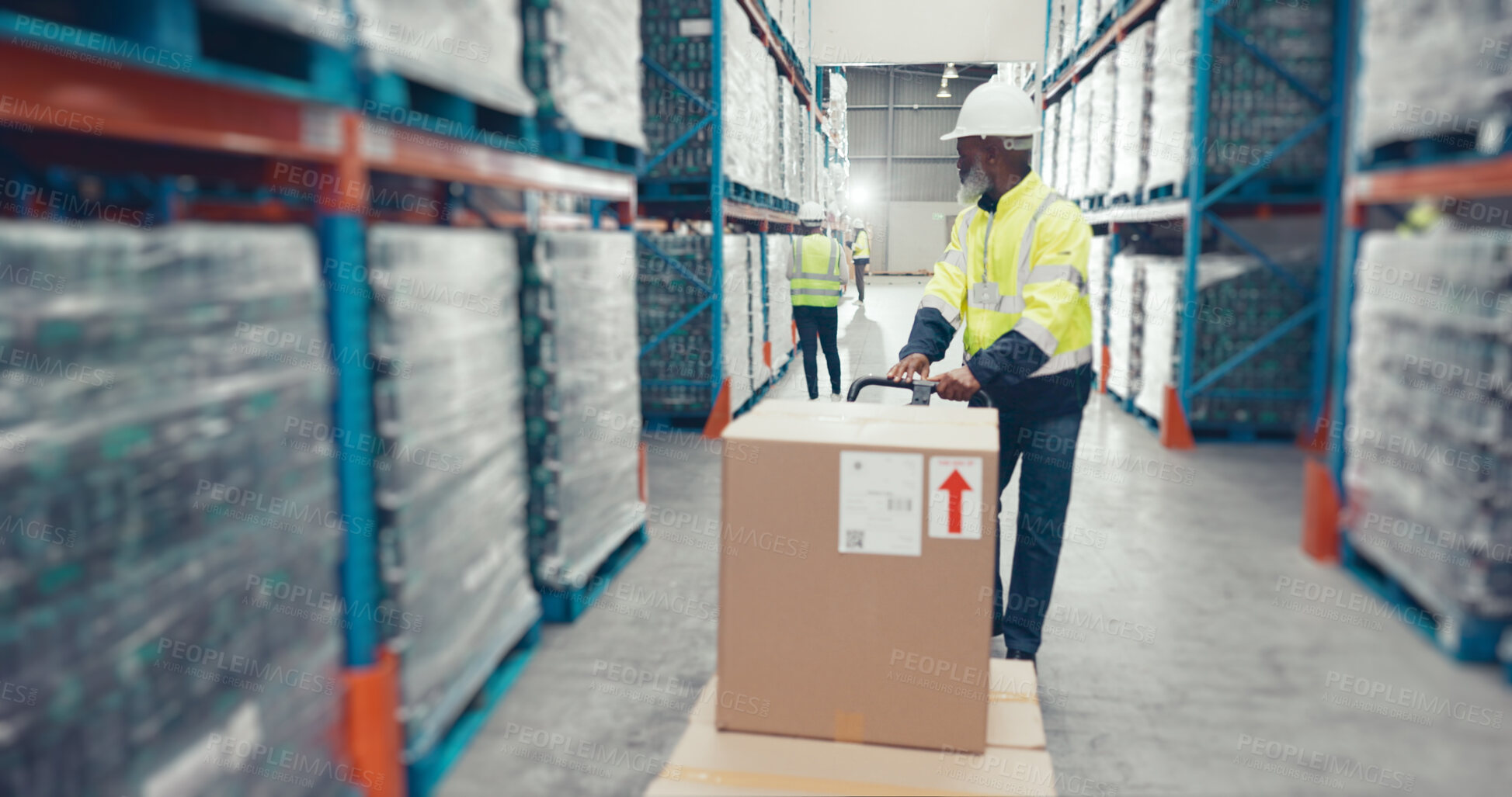 Buy stock photo Logistics, box and supplier with people in warehouse for distribution, freight center or supply chain. Export, delivery and cargo storage with wholesale for customs compliance in inventory management