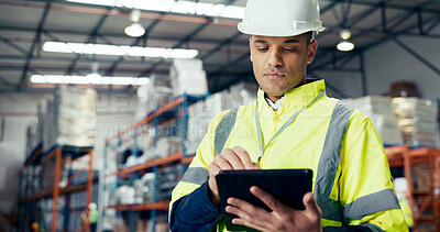 Buy stock photo Cargo, tablet and supply chain with man in warehouse for logistics, freight or shipping. Export, delivery or distribution storage with digital checklist for customs compliance in inventory management