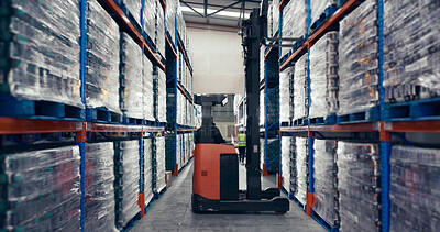 Buy stock photo Forklift, warehouse and distribution with supply chain, packing and people for inventory, shipping or storage. Workers, machinery and export or import business for quality control, lifting and goods