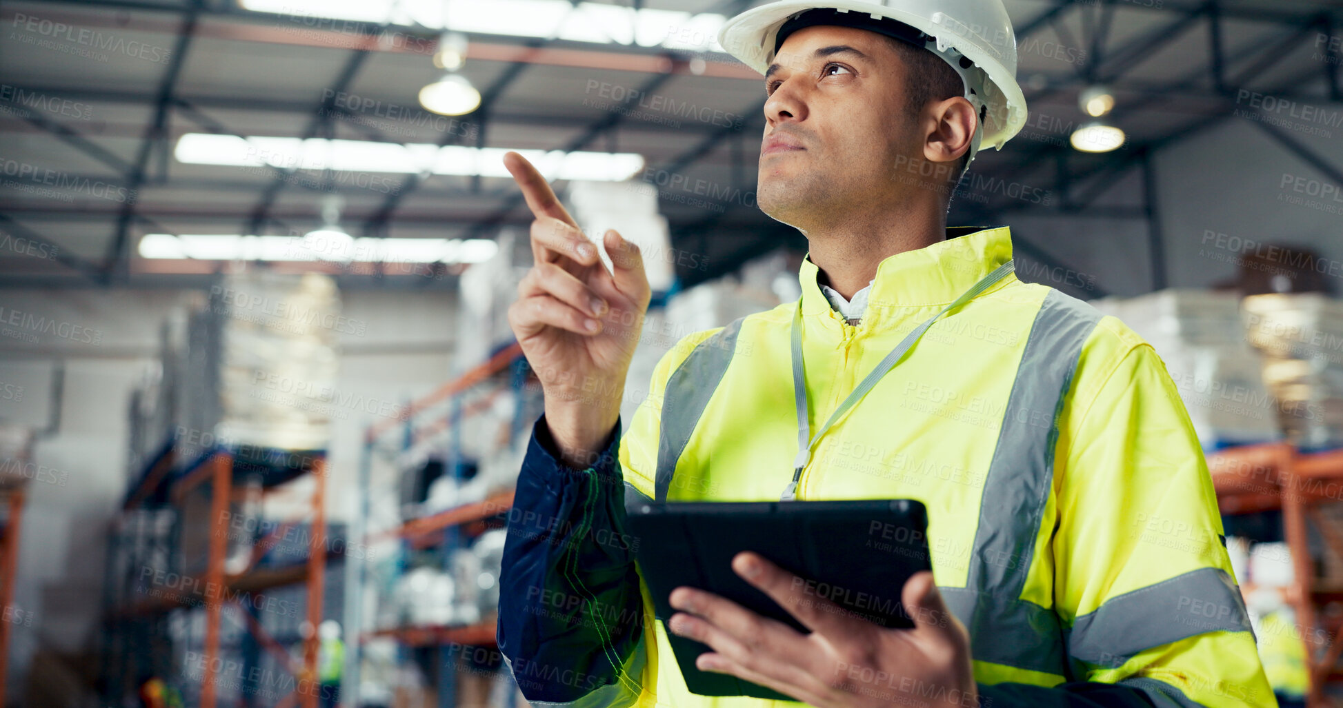 Buy stock photo Inspection, tablet and supply chain with man in warehouse for logistics, freight or shipping. Export, delivery or cargo storage with digital checklist for customs compliance in inventory management