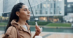 Outside, woman and thinking with umbrella or coffee in rainy weather for commuting or travel to work. Female person, employee or professional and profile with tea in city with water drops on journey