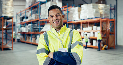 Buy stock photo Happy, crossed arms and portrait of supply chain worker in warehouse for logistics delivery. Confident, ecommerce and distribution manager from Cuba with quality assurance duty at industrial factory.