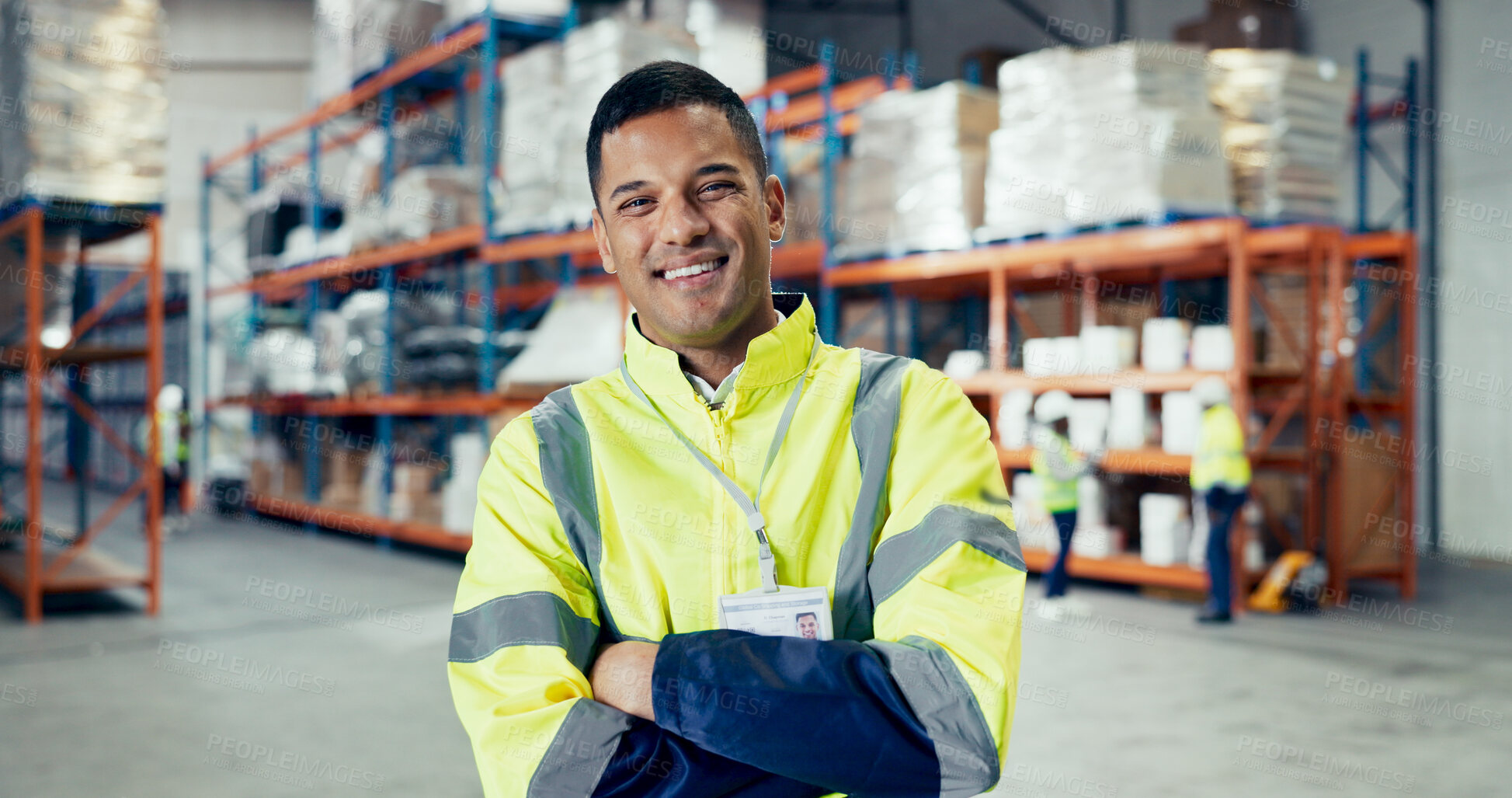 Buy stock photo Happy, crossed arms and portrait of supply chain worker in warehouse for logistics delivery. Confident, ecommerce and distribution manager from Cuba with quality assurance duty at industrial factory.