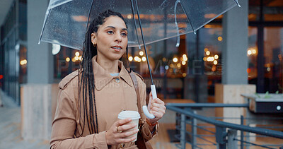 Buy stock photo Outside, woman and thinking with umbrella or tea in rainy weather for commuting or travel to work. Female employee or professional, smile and thoughts with coffee in city with water drops on journey