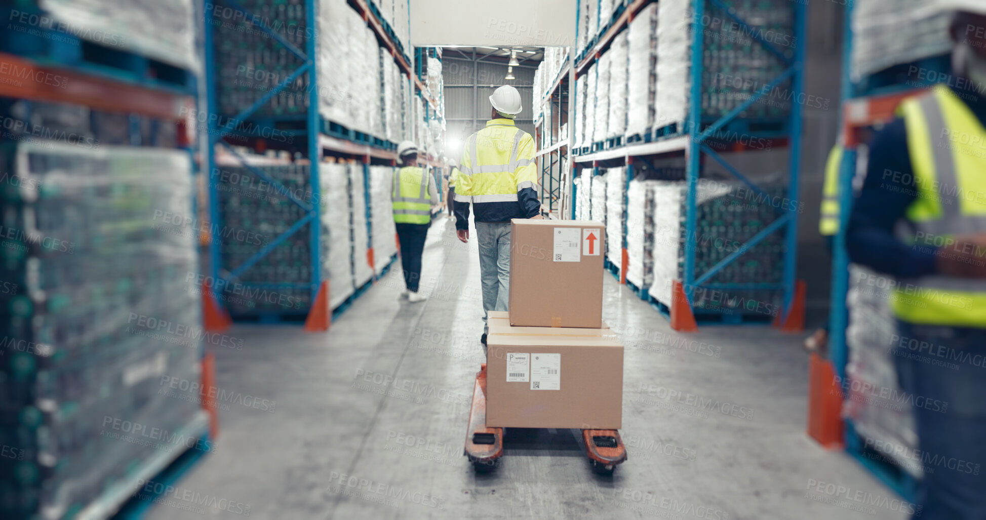 Buy stock photo Logistics, box and pallet jack with people in warehouse for distribution, freight or supply chain. Export, delivery and cargo storage with wholesale for customs compliance in inventory management