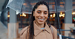 Portrait, smile and business woman with umbrella in city for bokeh or security. Face, happy and person with parasol outdoor for wet weather, rain protection and insurance cover with agent in Brazil