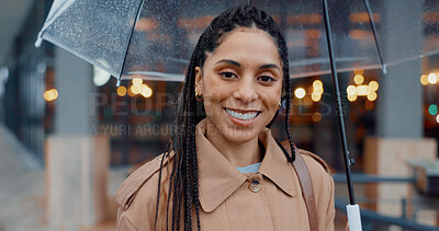 Buy stock photo Portrait, smile and business woman with umbrella in city for bokeh or security. Face, happy and person with parasol outdoor for wet weather, rain protection and insurance cover with agent in Brazil