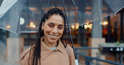 Buy stock photo Portrait, happy and business woman with umbrella in city for security or bokeh. Face, smile and person with parasol outdoor for wet weather, rain protection and safety with insurance agent in Brazil