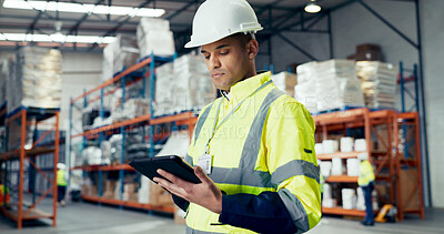 Buy stock photo Logistics, tablet and shipping with man in warehouse for distribution, freight or supply chain. Export, delivery or cargo storage with digital checklist for customs compliance in inventory management