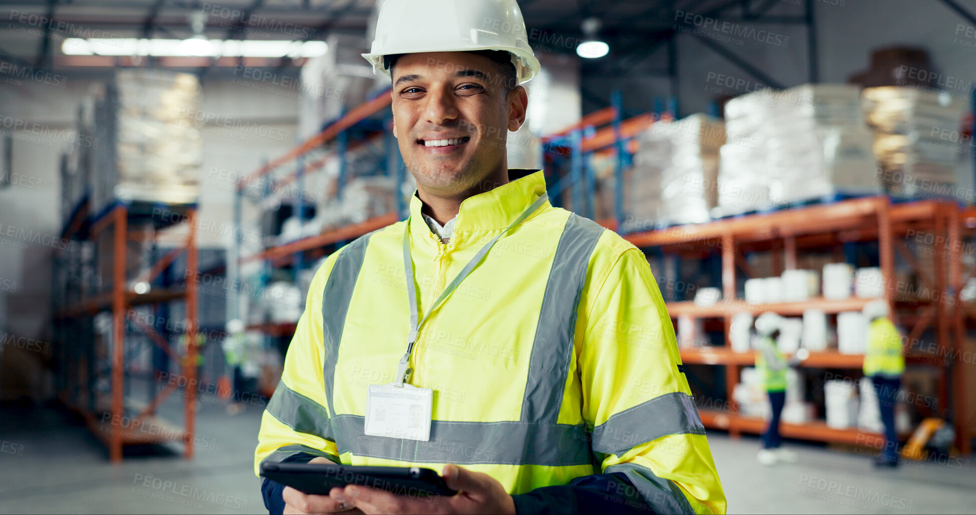 Buy stock photo Portrait, tablet and supply chain with man in warehouse for logistics, freight or shipping. Export, delivery or cargo storage with digital checklist for customs compliance in inventory management