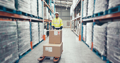 Buy stock photo Shipping, box and pallet jack with man in warehouse for distribution, freight or supply chain. Export, delivery and cargo storage with wholesale for customs compliance in inventory management