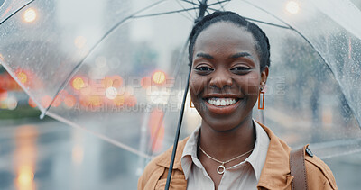 Buy stock photo Portrait, city and happy black woman with umbrella for rain, and security in Kenya. Face, smile and person with parasol outdoor for wet winter weather, bokeh or business insurance with African agent