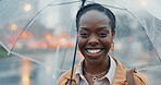 Portrait, outdoor and happy black woman with umbrella for rain or security in Kenya. Face, smile and person with parasol in city for wet winter weather, bokeh or business insurance with African agent