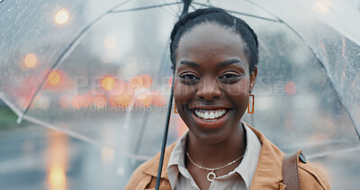 Buy stock photo Portrait, outdoor and happy black woman with umbrella for rain or security in Kenya. Face, smile and person with parasol in city for wet winter weather, bokeh or business insurance with African agent