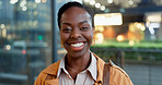 Portrait, smile and a creative black woman in city for business, opportunity or career inspiration. Fashion, designer and affirmative action with happy African employee on street in urban town