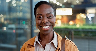 Buy stock photo Portrait, smile and a creative black woman in city for business, opportunity or career inspiration. Fashion, designer and affirmative action with happy African employee on street in urban town