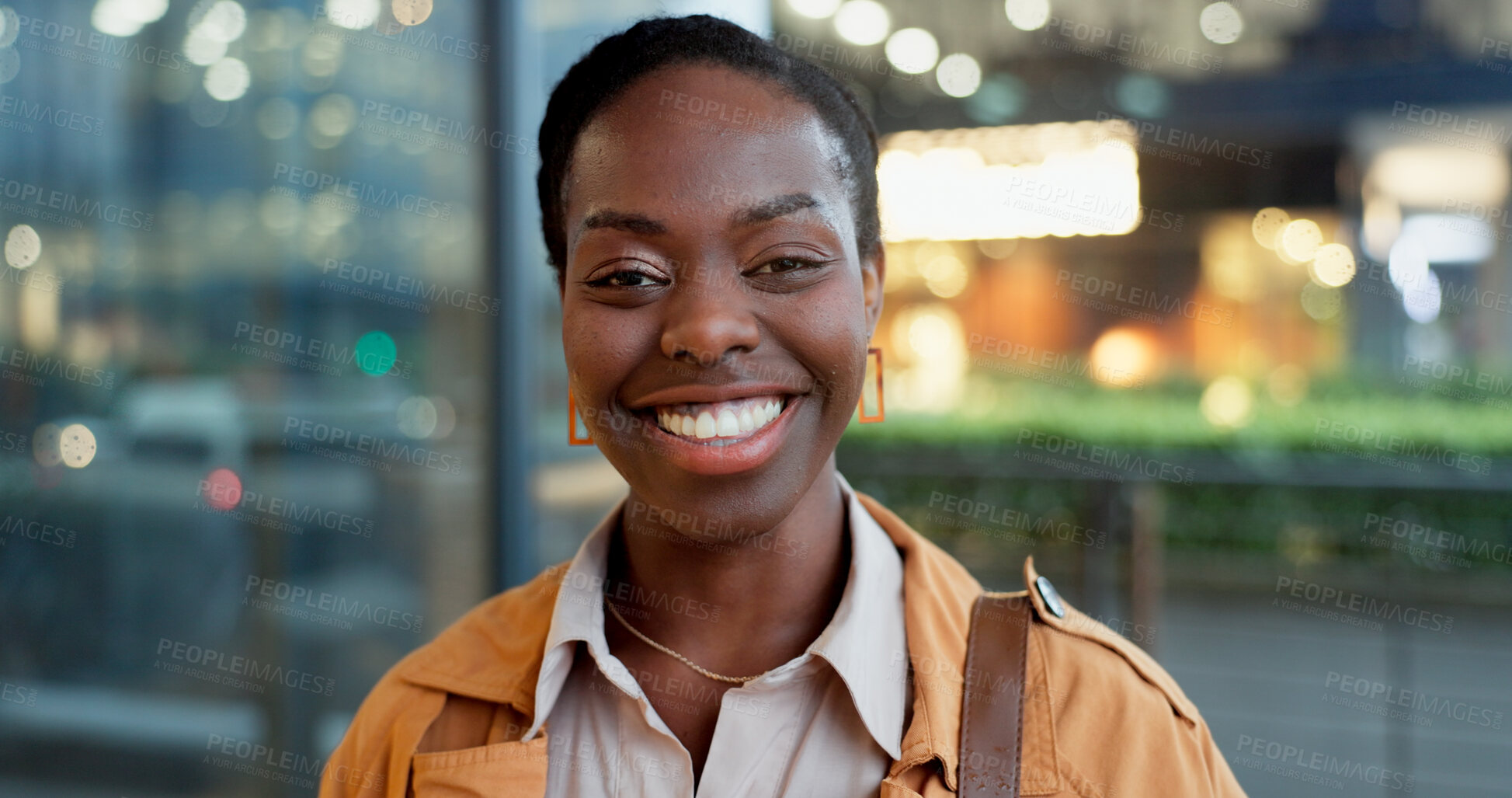 Buy stock photo Portrait, smile and a creative black woman in city for business, opportunity or career inspiration. Fashion, designer and affirmative action with happy African employee on street in urban town