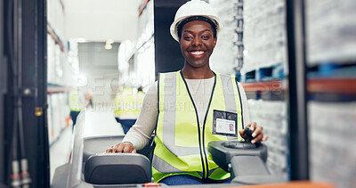 Buy stock photo Logistics, black woman and happy in forklift for portrait, inventory management and organizing shelf in warehouse. Driver, smile or machine in storage facility for distribution, inspection or loading