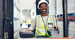 Logistics, black woman and smile in forklift for portrait, inventory management and organizing shelf in warehouse. Driver, happy or machine in storage facility for distribution, inspection or loading