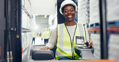 Buy stock photo Logistics, black woman and smile in forklift for portrait, inventory management and organizing shelf in warehouse. Driver, happy or machine in storage facility for distribution, inspection or loading