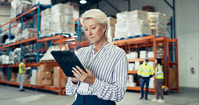 Buy stock photo Warehouse, mature woman and tablet in logistic for ecommerce, quality control or stock management. Engineer, tech and maintenance in freight, supply chain or factory at shipping company as supervisor