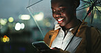 Outdoor, black woman and umbrella with smartphone at night, text message and chat online on social media. City, female person and cellphone with rain shield for protection, water drops and track taxi