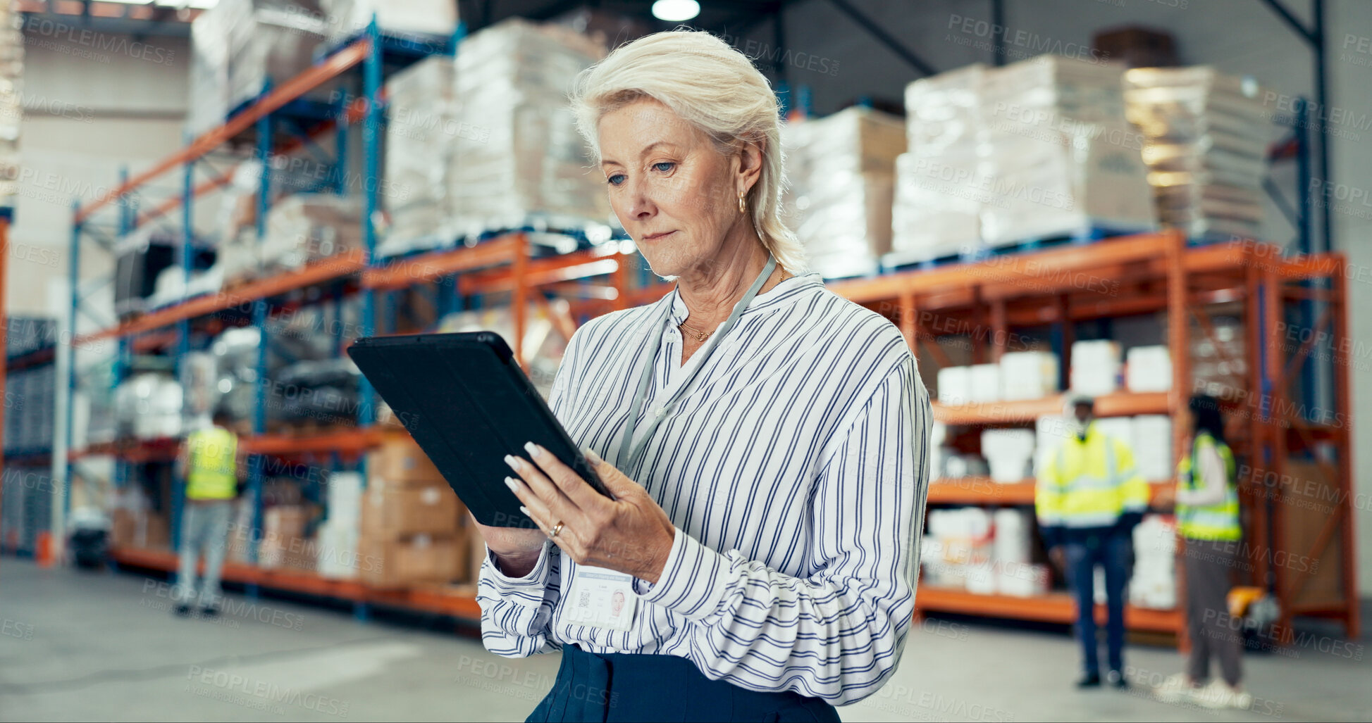 Buy stock photo Logistic, mature woman and tablet for quality control in warehouse, ecommerce or stock management. Engineer, tech and maintenance in freight, supply chain or factory at shipping company as supervisor