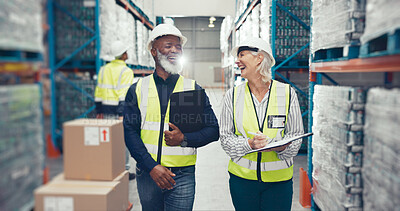 Buy stock photo Mature woman, man and checklist in logistic industry, quality control or stock management. Engineer, maintenance and clipboard in supply chain, factory and shipping company as supervisor in warehouse