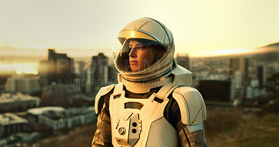 Buy stock photo Adventure, city and thinking with astronaut woman outdoor on planet earth for space exploration or travel. Helmet, idea and vision with person in solar system for futuristic journey or planning