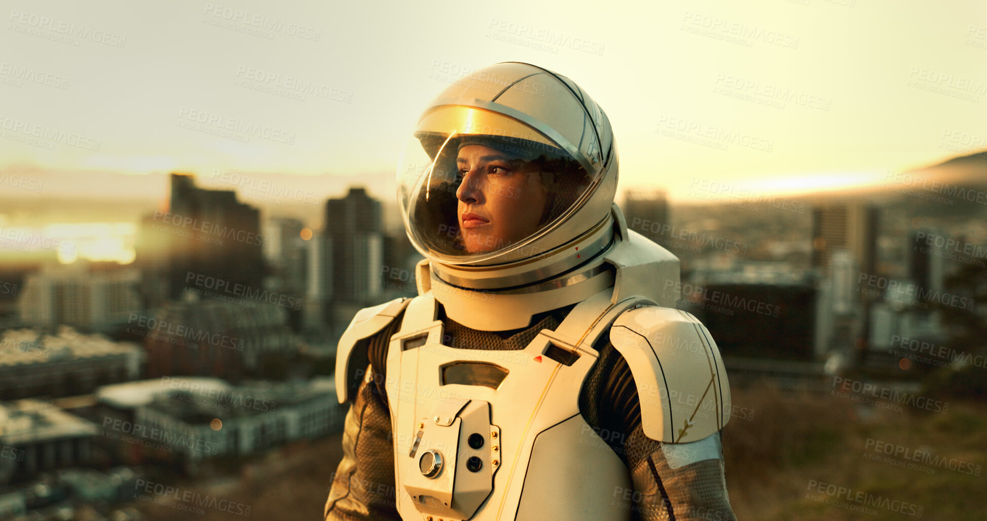 Buy stock photo Adventure, city and thinking with astronaut woman outdoor on planet earth for space exploration or travel. Helmet, idea and vision with person in solar system for futuristic journey or planning