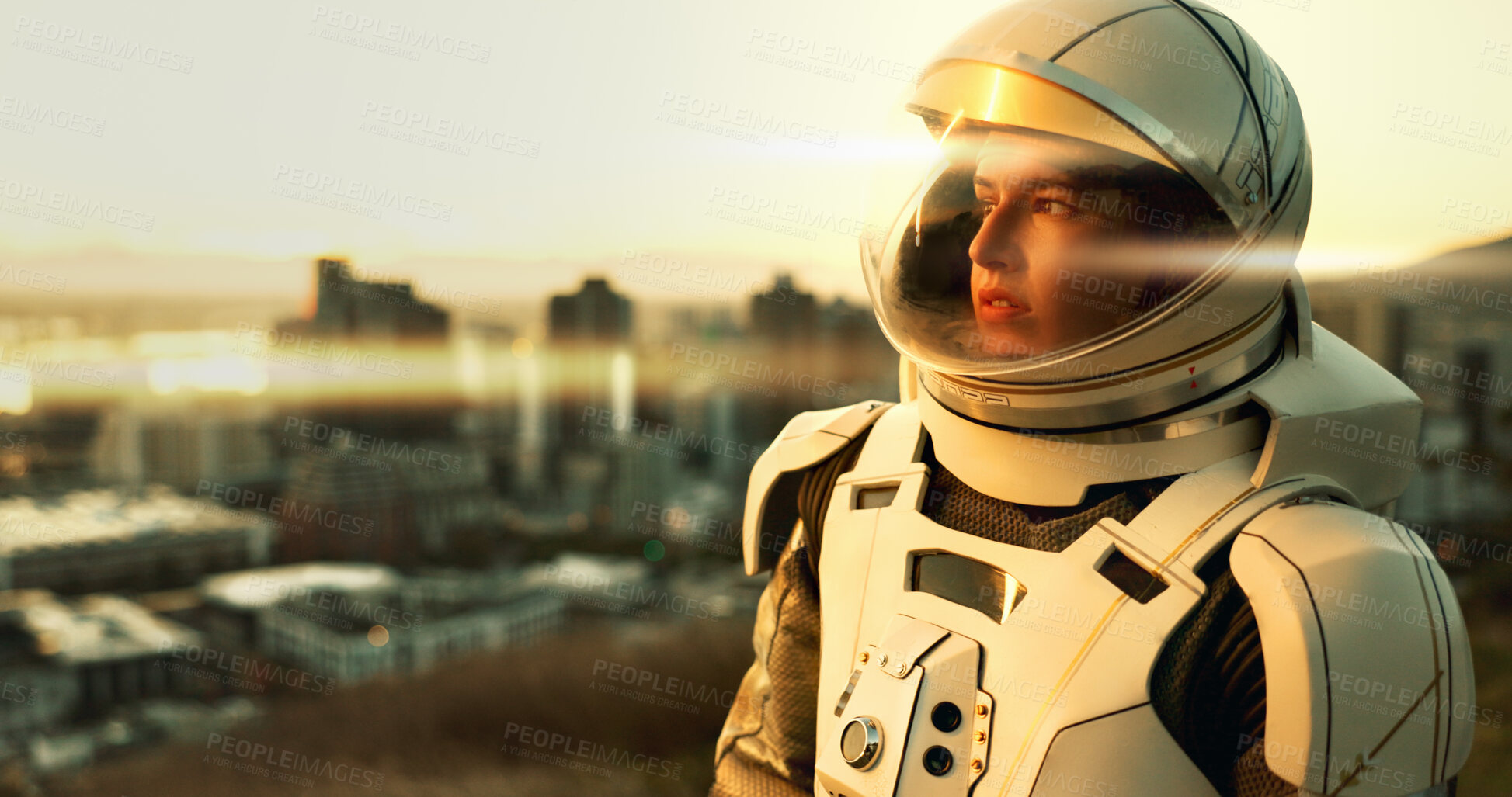 Buy stock photo City, future and thinking with astronaut woman outdoor on planet earth for space exploration or travel. Helmet, idea and interstellar person in universe for discovery trip, planning or vision