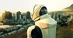 Explore, city and planet with astronaut in space to search for extraterrestrial civilization. Back, mission and universe with person in extravehicular mobility unit for discovery or mars journey