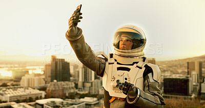 Buy stock photo City, navigation and phone with astronaut woman outdoor on planet earth for directions or space exploration. Memory, search and selfie with interstellar person in universe for adventure or photograph