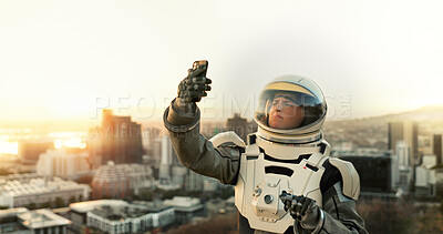 Buy stock photo City, phone and search with astronaut outdoor on planet earth for directions or space exploration. Memory, navigation and connect with interstellar person in universe for adventure or photograph