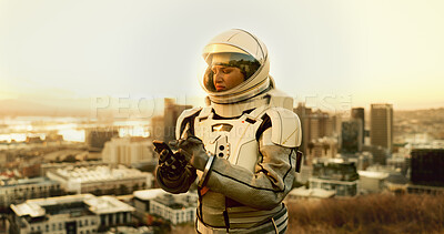 Buy stock photo Woman, astronaut and phone for lost on planet earth in city, no signal, emergency protocol and space navigation. Confused, person and spacesuit for mobile of communication breakdown of mission safety