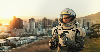 Buy stock photo City, lost and phone with astronaut woman outdoor on planet on earth for space exploration or mission. Confused, helmet and map with interstellar person in urban town for adventure or discovery